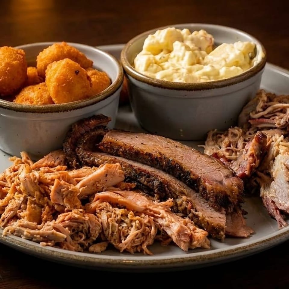 Barbecue platter with pulled pork, sliced brisket, ribs, hush puppies, and creamy potato salad on a wooden table.