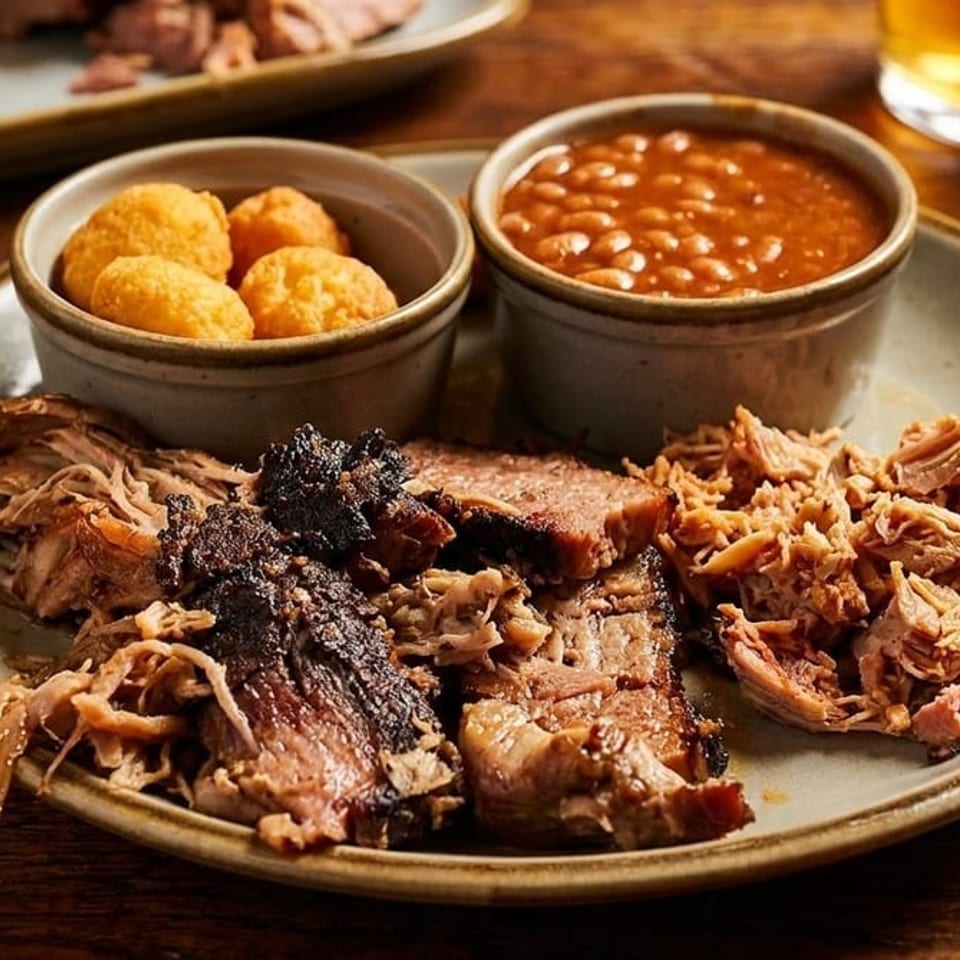 Platter of sliced and pulled barbecue meats with hush puppies and baked beans on a wooden restaurant table.