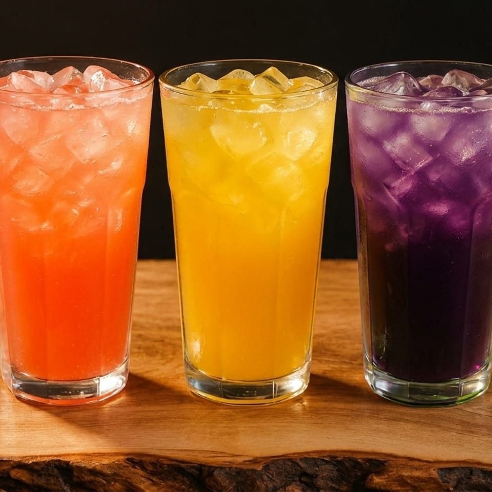 Three vibrant iced drinks in tall glasses: red, yellow, and purple, on a rustic wooden surface.