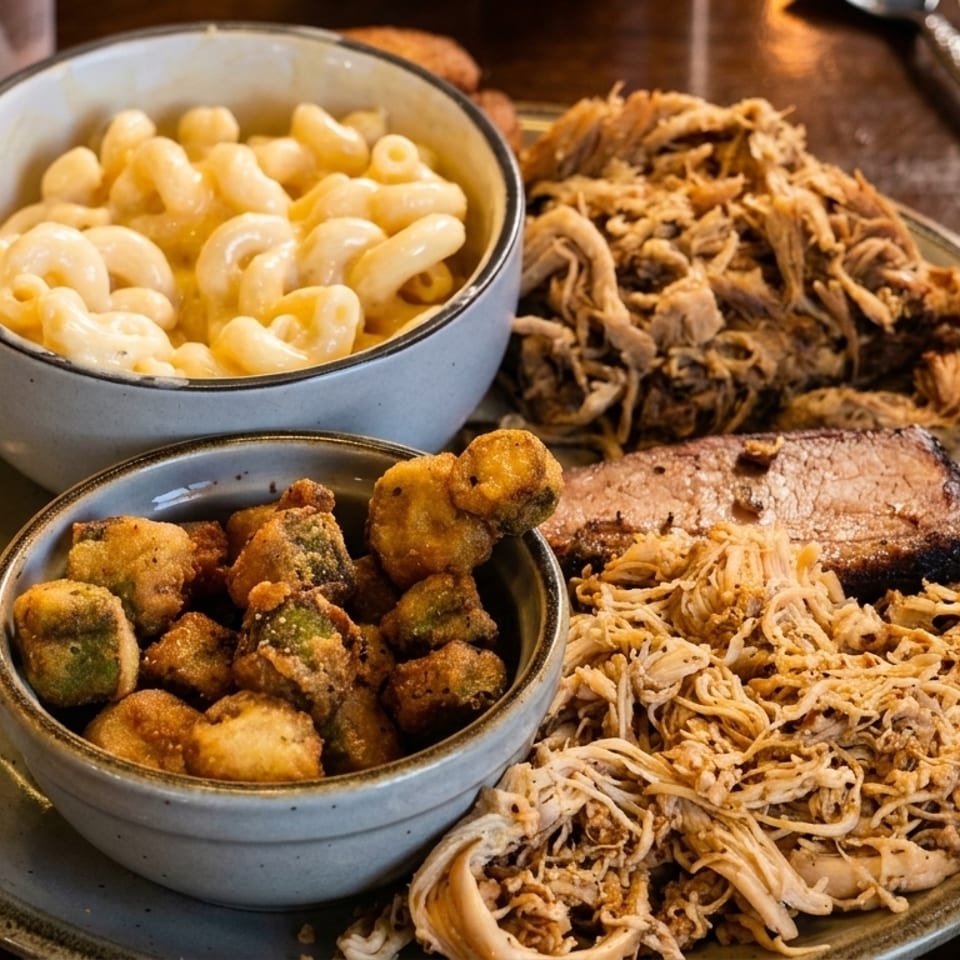 A BBQ platter with pulled pork, brisket, macaroni and cheese, and fried okra on a rustic plate.