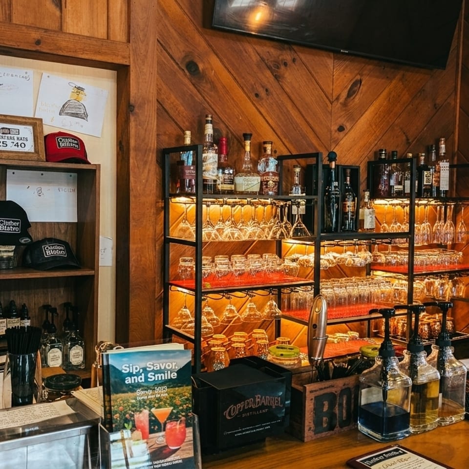 A well-stocked bar with liquor bottles, glassware, and branded merchandise against a wooden wall.