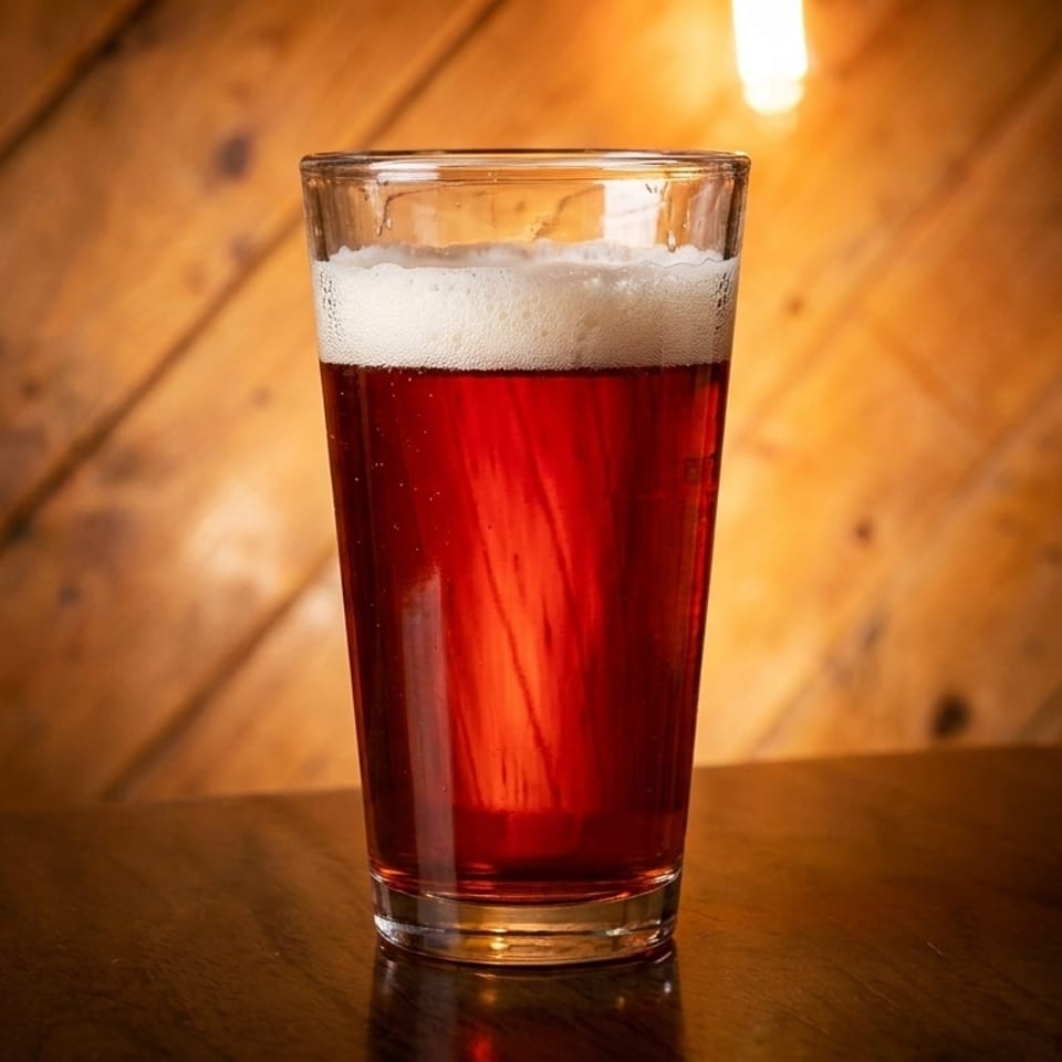A pint glass filled with red beer and a foamy head sits on a dark wooden table.