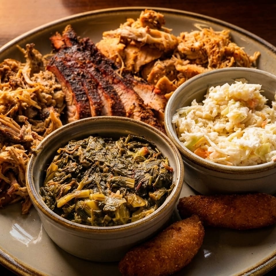 A platter of sliced brisket, pulled pork, coleslaw, collard greens, and hush puppies.