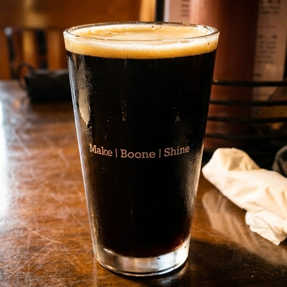 A dark beer with a foamy head in a glass that says "Make | Boone | Shine" on a wooden table.