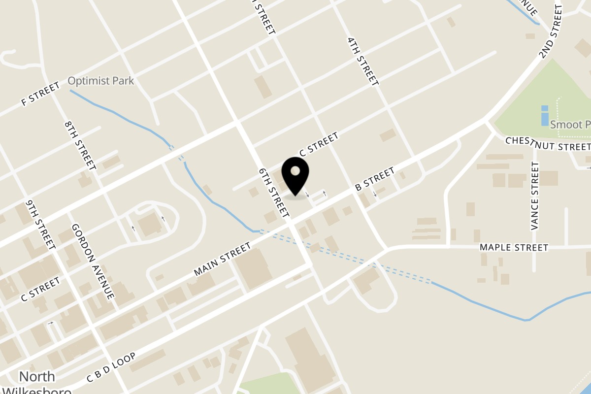 Map showing the location of Cinder Bistro on 532 Main St in North Wilkesboro